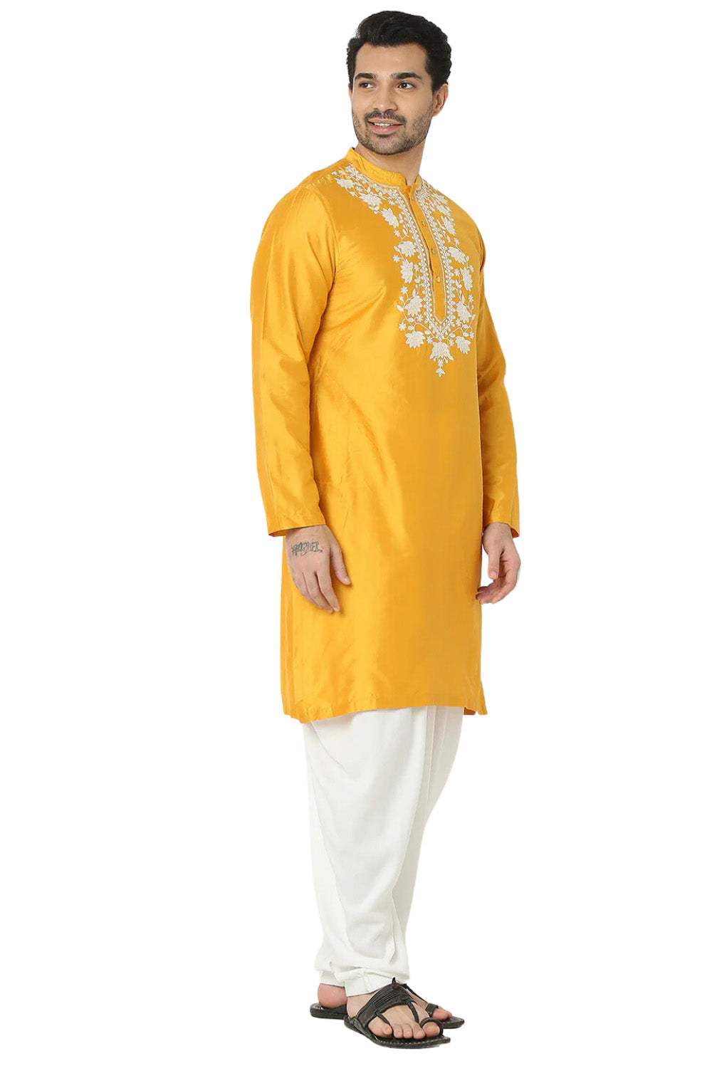 Men's mustard embellished rayon knee-length kurta, side view.