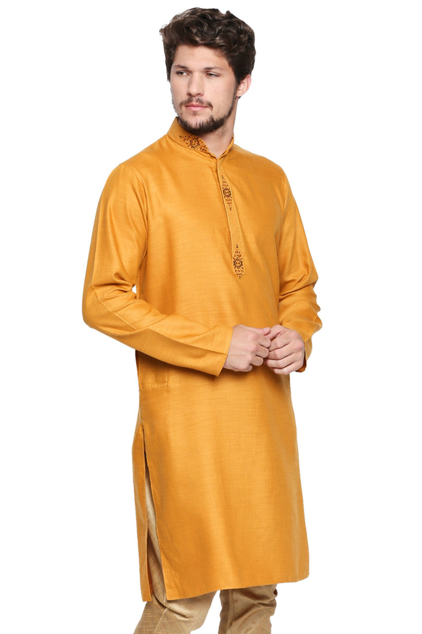 Men's mustard embroidered cotton blend knee-length kurta, alternate front view.
