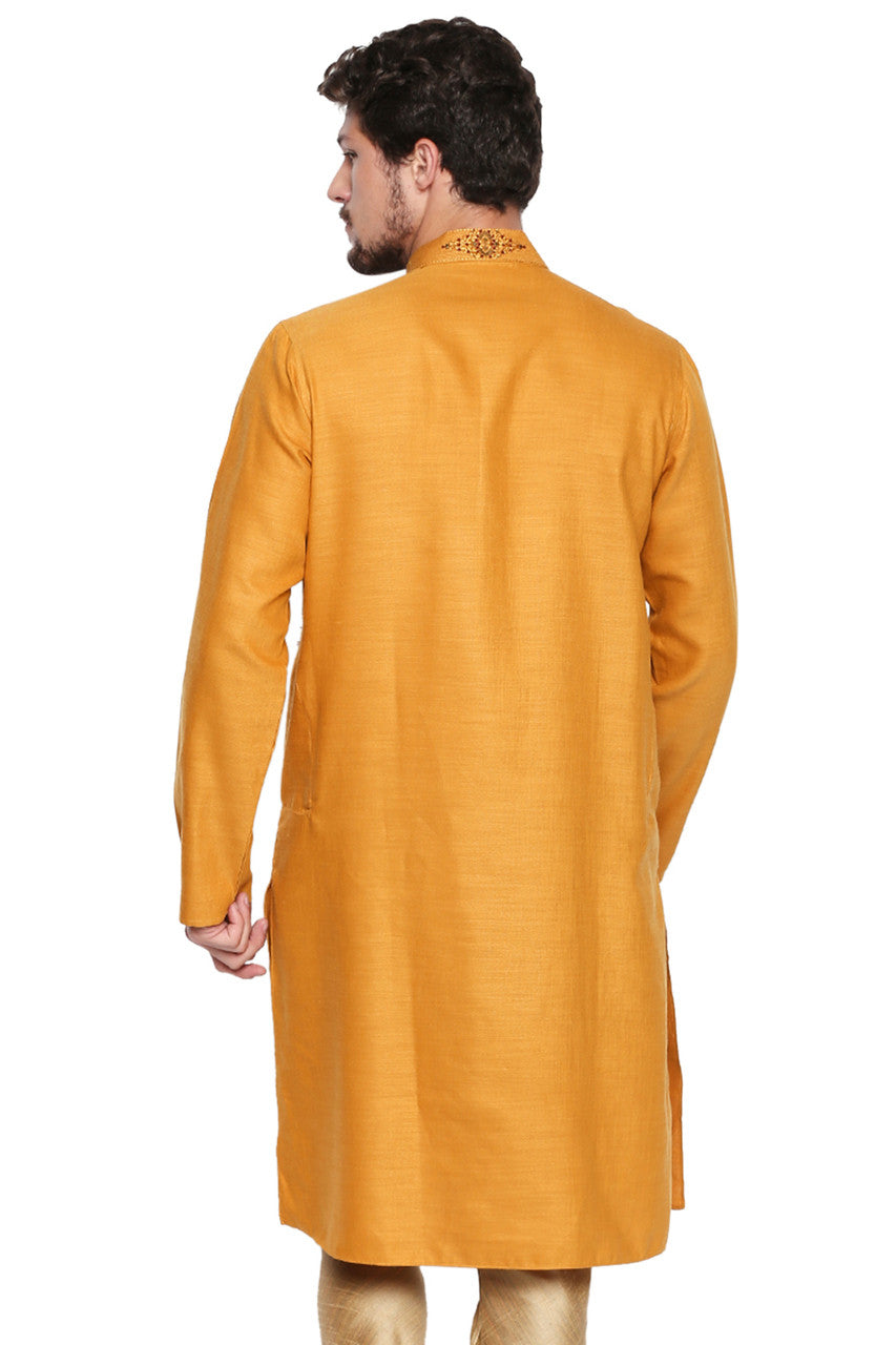 Men's mustard embroidered cotton blend knee-length kurta, alternate side view.