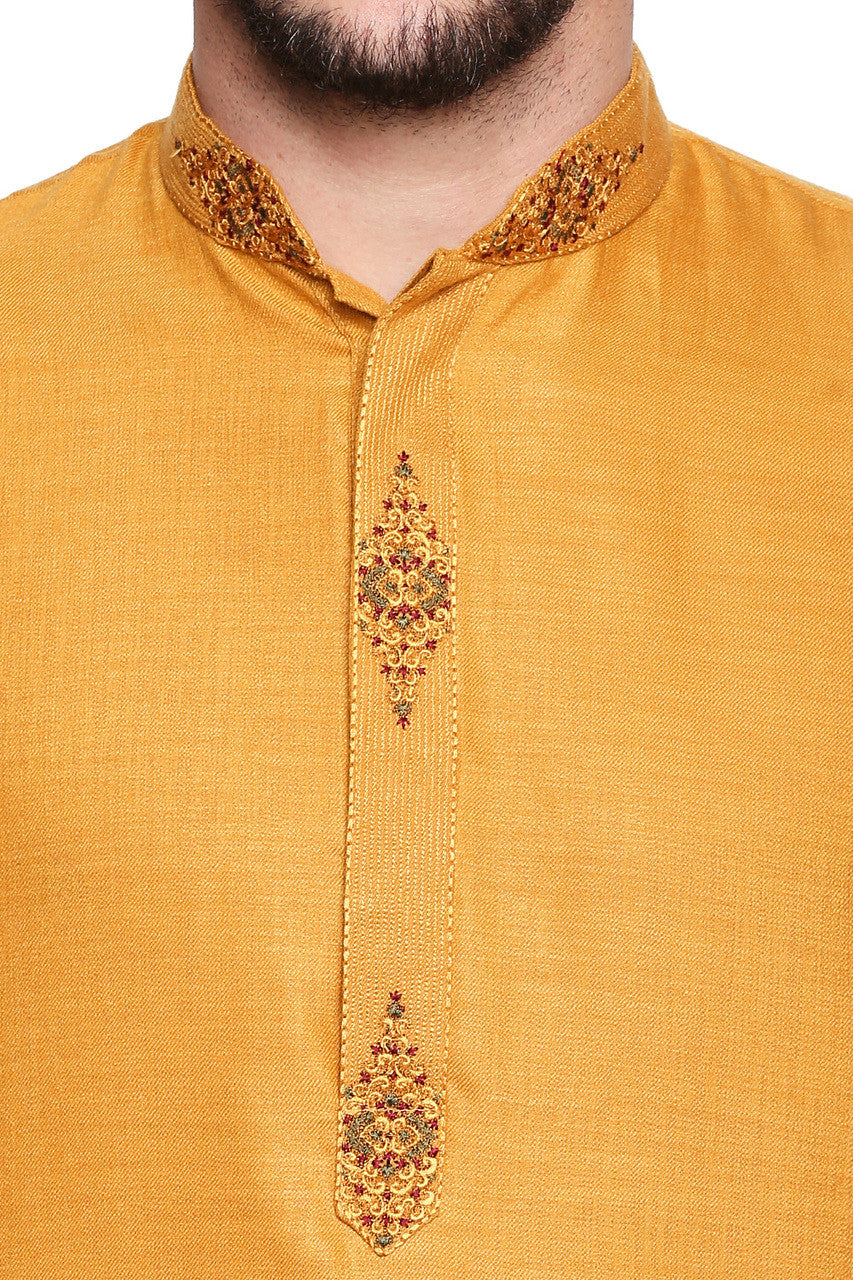 Men's mustard embroidered cotton blend knee-length kurta, back view.