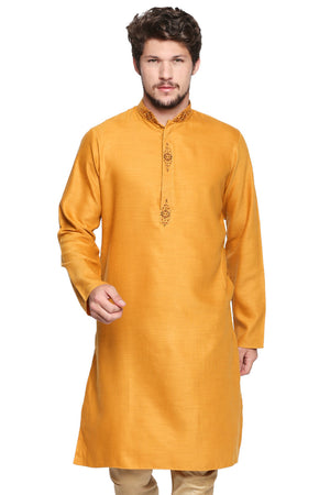 Men's mustard embroidered cotton blend knee-length kurta, front view.