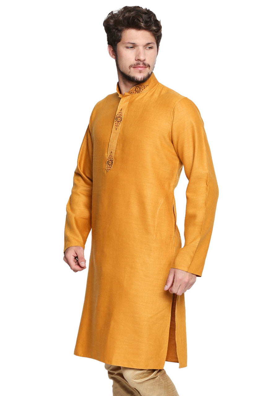 Men's mustard embroidered cotton blend knee-length kurta, side view.