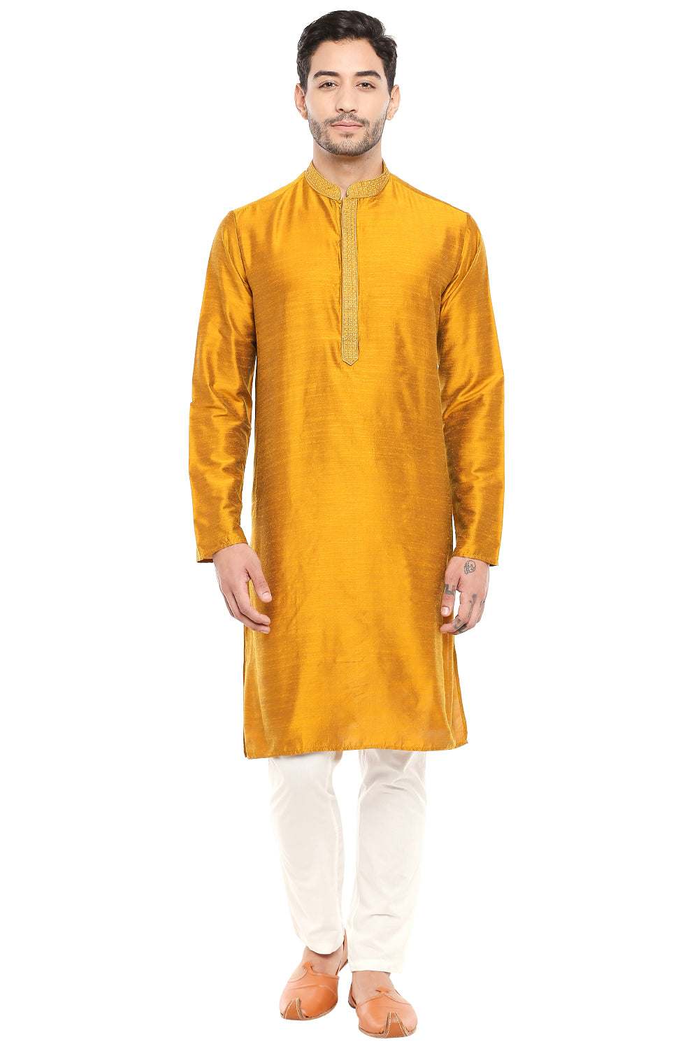 Men's mustard embroidered cotton blend knee-length kurta, alternate front view.