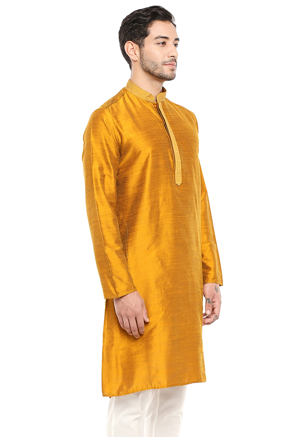 Men's mustard embroidered cotton blend knee-length kurta, alternate side view.