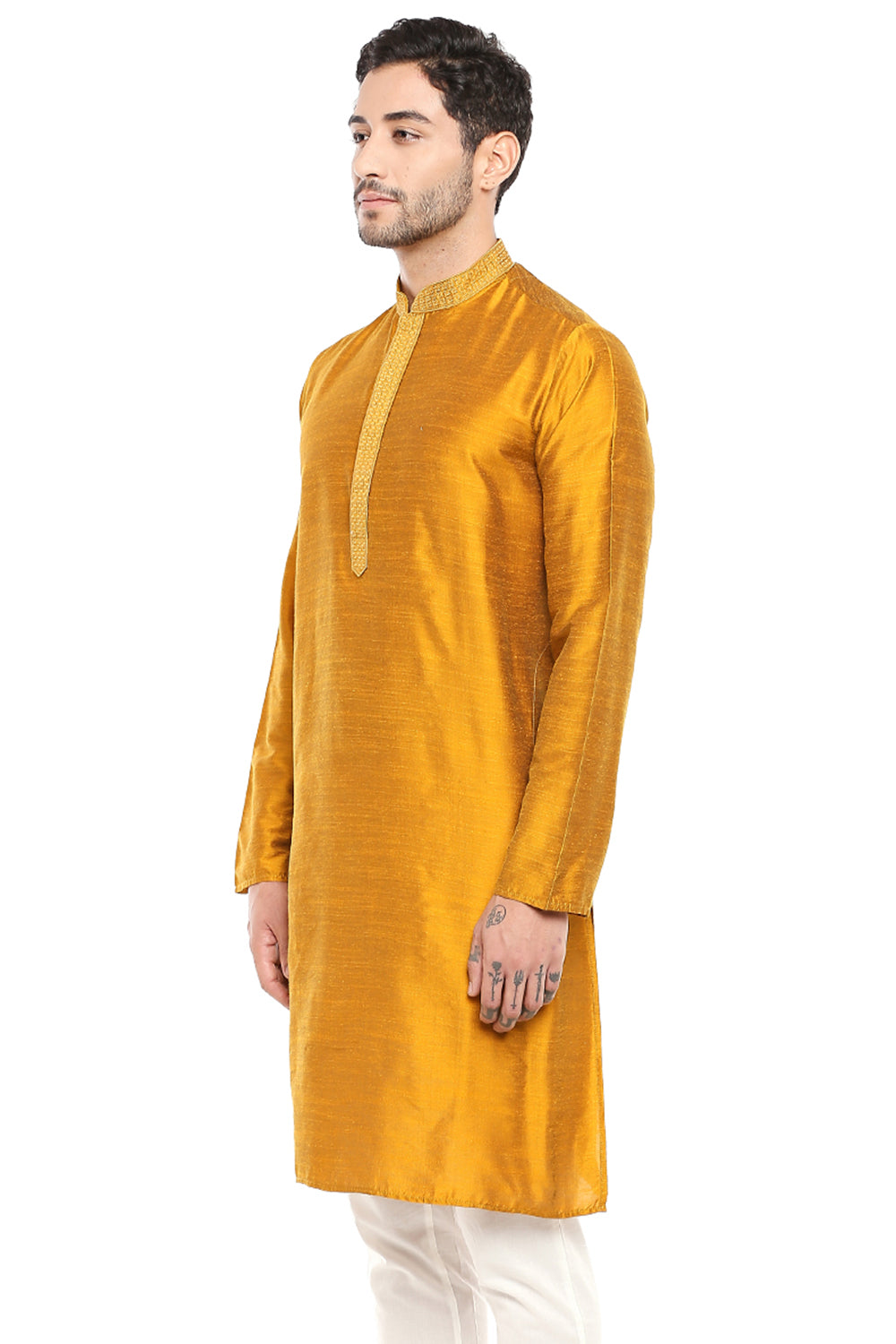 Men's mustard embroidered cotton blend knee-length kurta, back view.