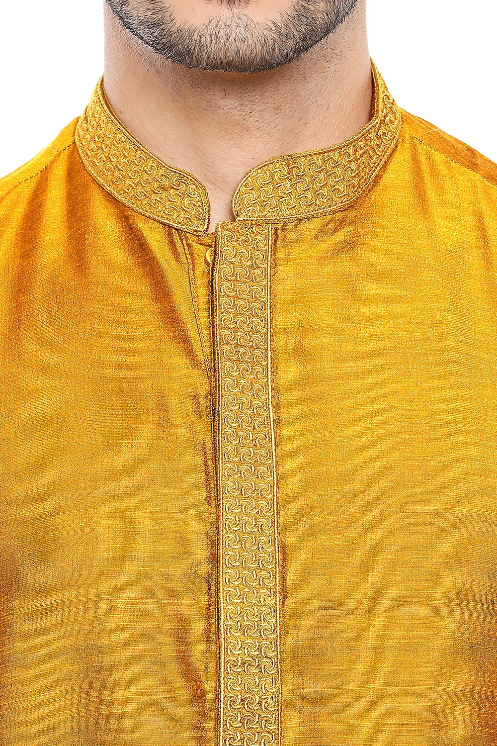 Men's mustard embroidered cotton blend knee-length kurta, close-up detail.