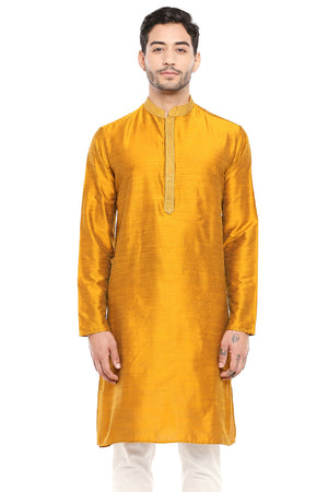 Men's mustard embroidered cotton blend knee-length kurta, front view.