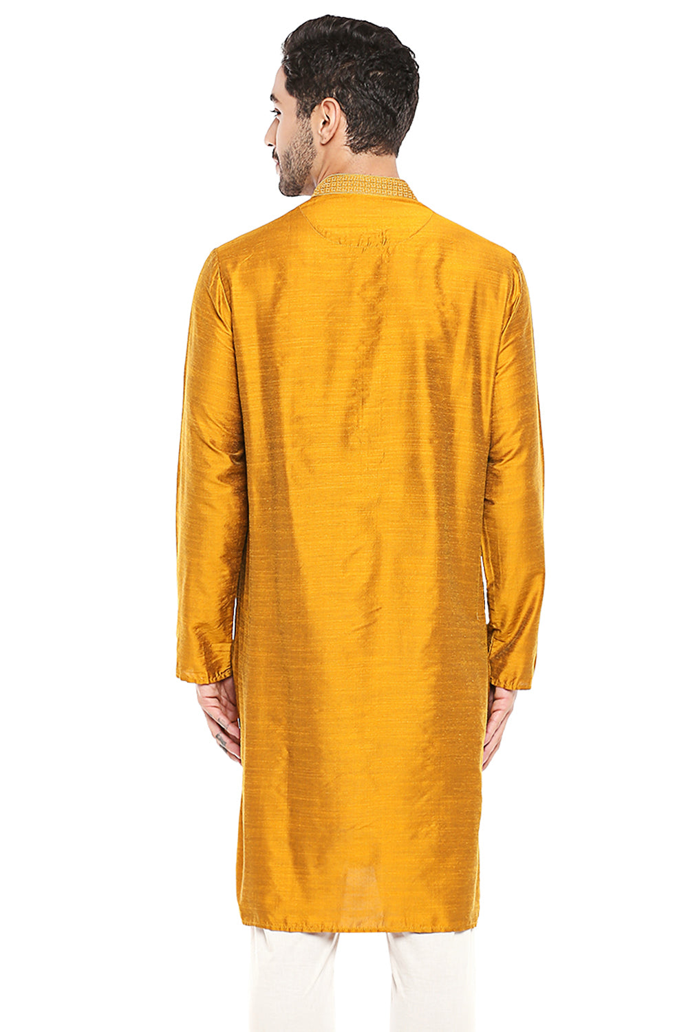 Men's mustard embroidered cotton blend knee-length kurta, side view.