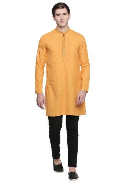 Men's mustard embroidered cotton blend style 2, alternate front view.