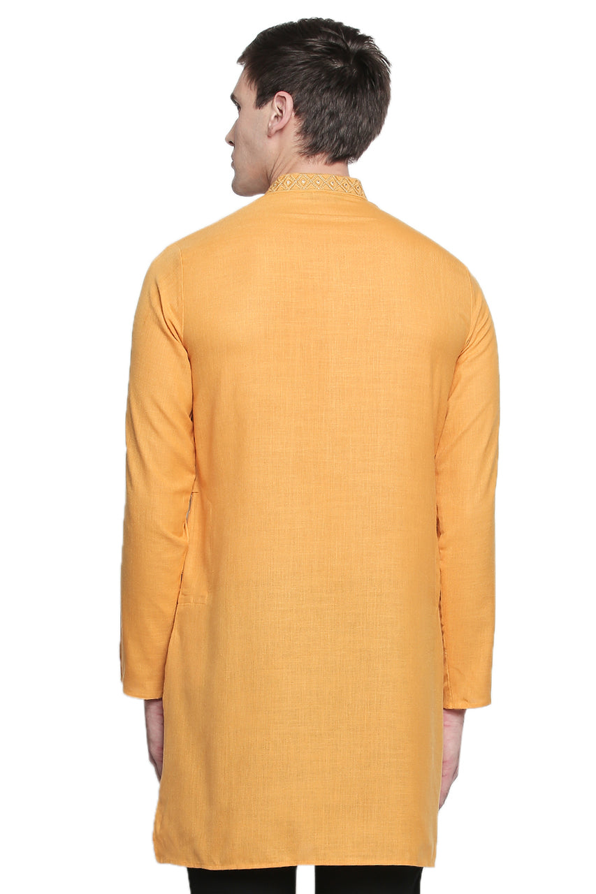 Men's mustard embroidered cotton blend style 2, alternate side view.