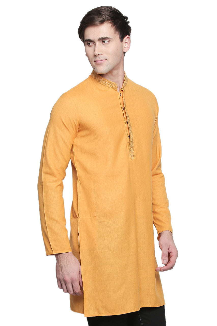 Men's mustard embroidered cotton blend style 2, back view.