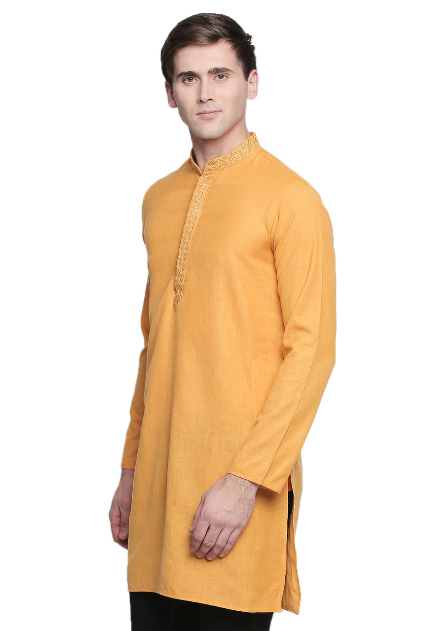 Men's mustard embroidered cotton blend style 2, close-up detail.