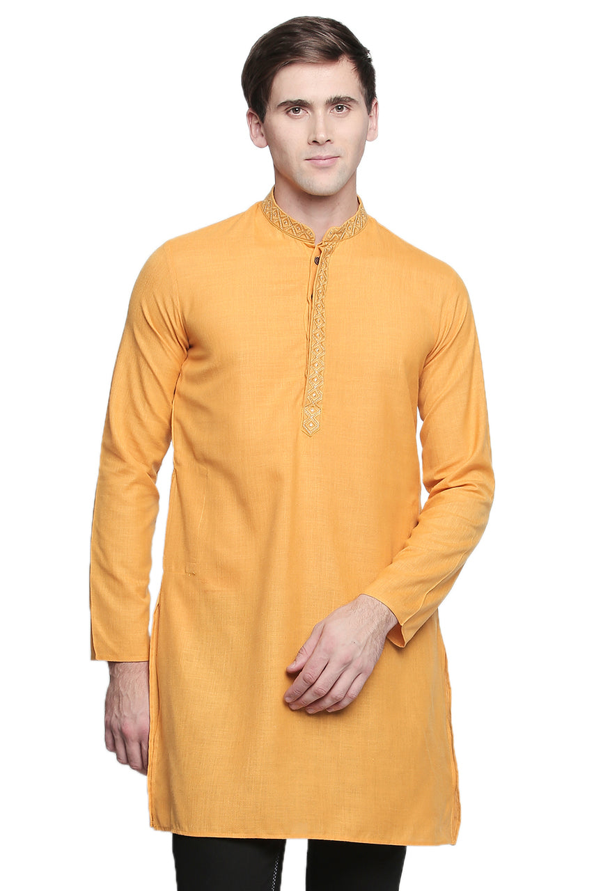 Men's mustard embroidered cotton blend style 2, front view.