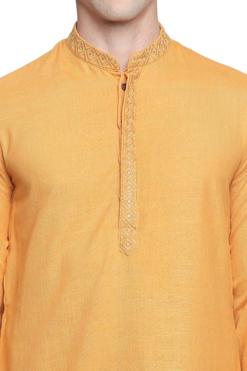 Men's mustard embroidered cotton blend style 2, side view.