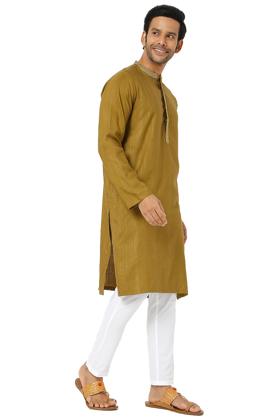 Men's mustard embroidered cotton knee-length kurta, alternate front view.