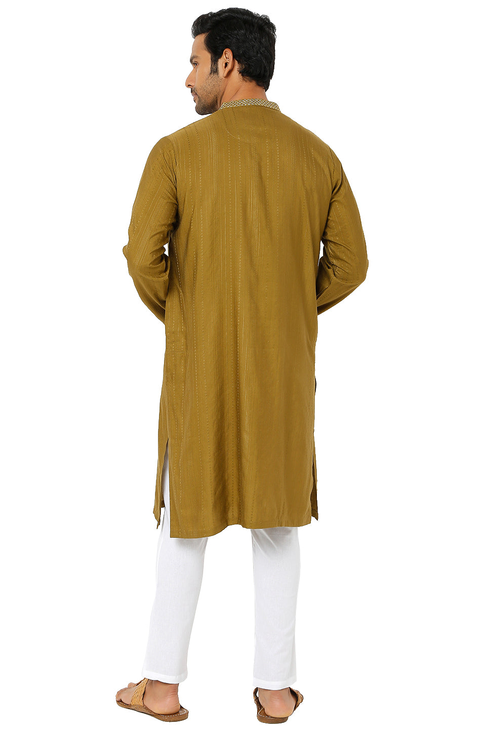 Men's mustard embroidered cotton knee-length kurta, alternate side view.