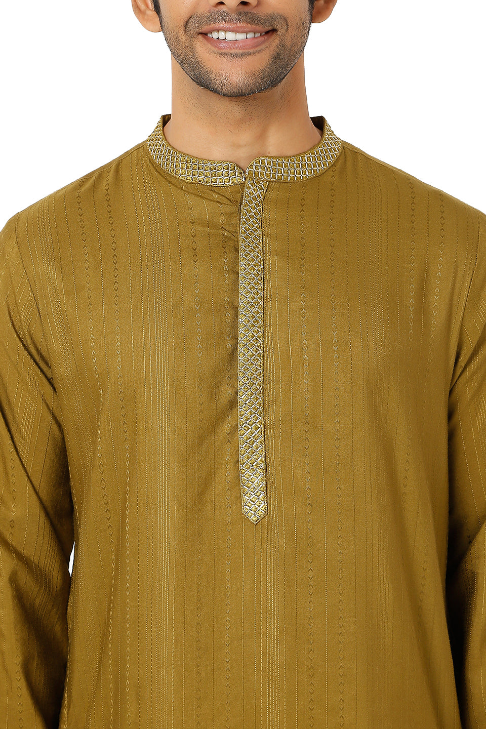 Men's mustard embroidered cotton knee-length kurta, back view.