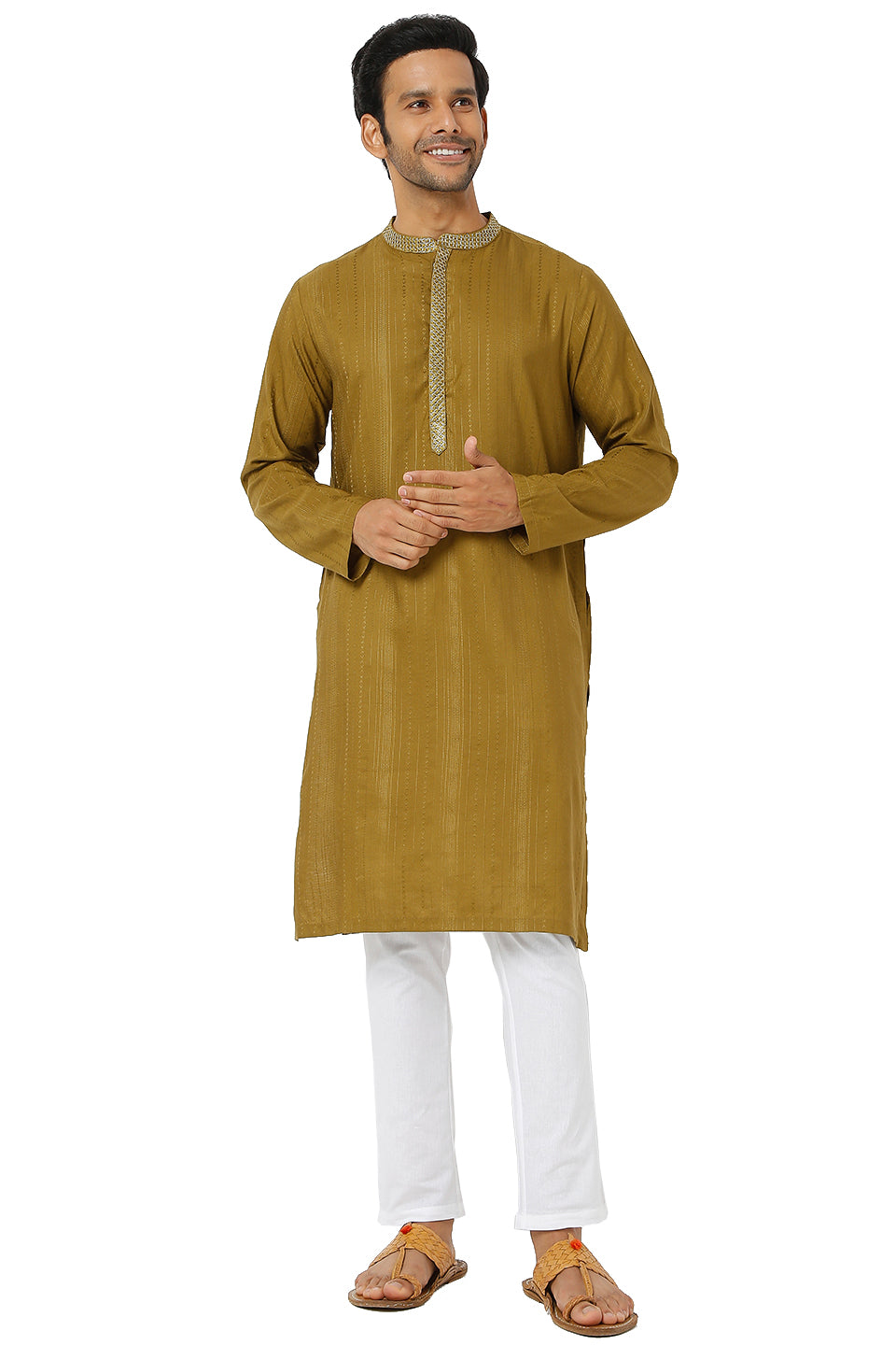 Men's mustard embroidered cotton knee-length kurta, close-up detail.
