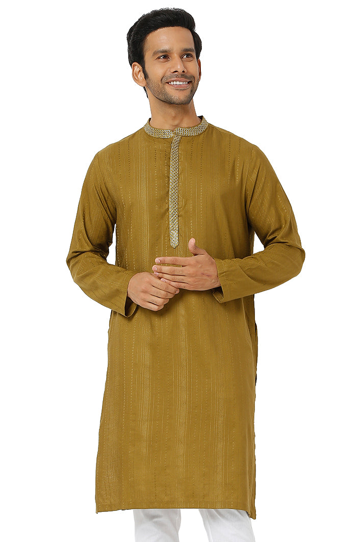Men's mustard embroidered cotton knee-length kurta, front view.
