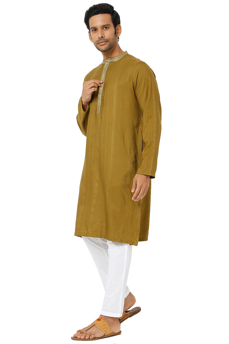 Men's mustard embroidered cotton knee-length kurta, side view.