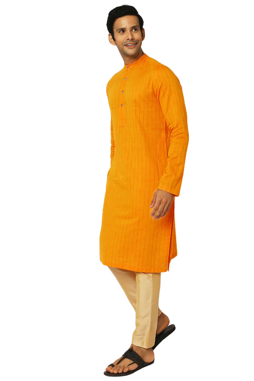 Men's mustard pin-stripe cotton knee-length kurta, alternate front view.