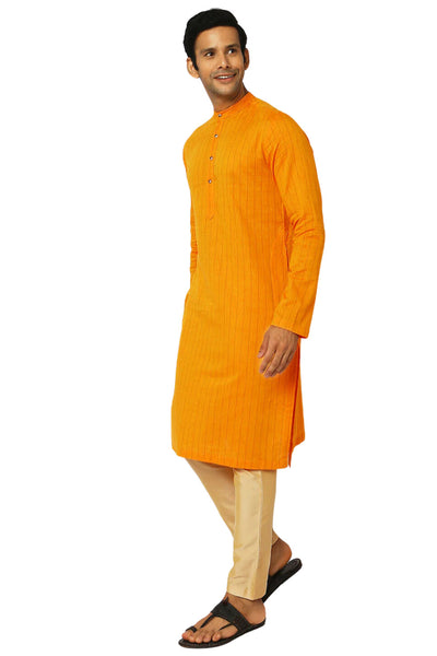 Men's mustard pin-stripe cotton knee-length kurta, alternate front view.