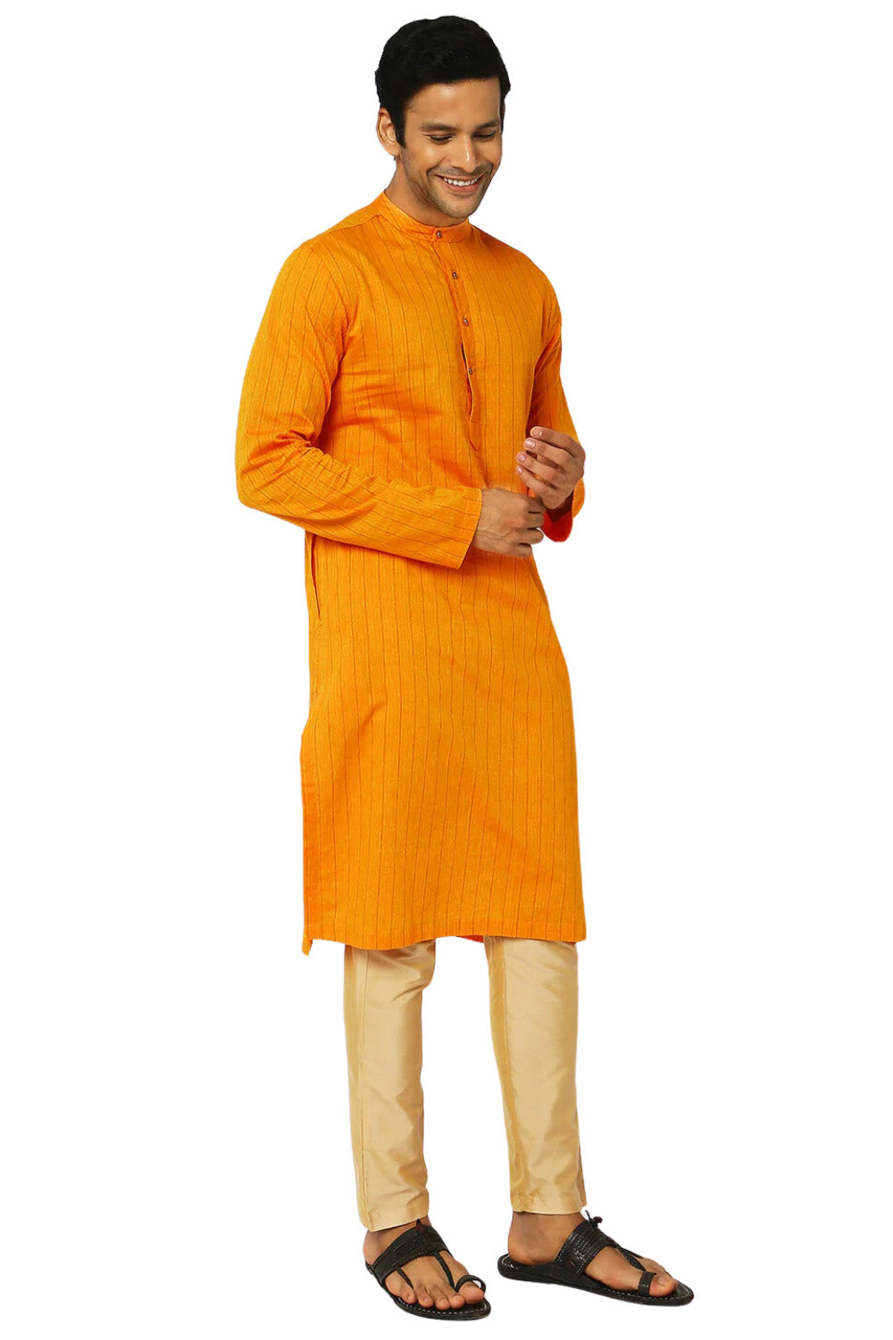 Men's mustard pin-stripe cotton knee-length kurta, alternate side view.