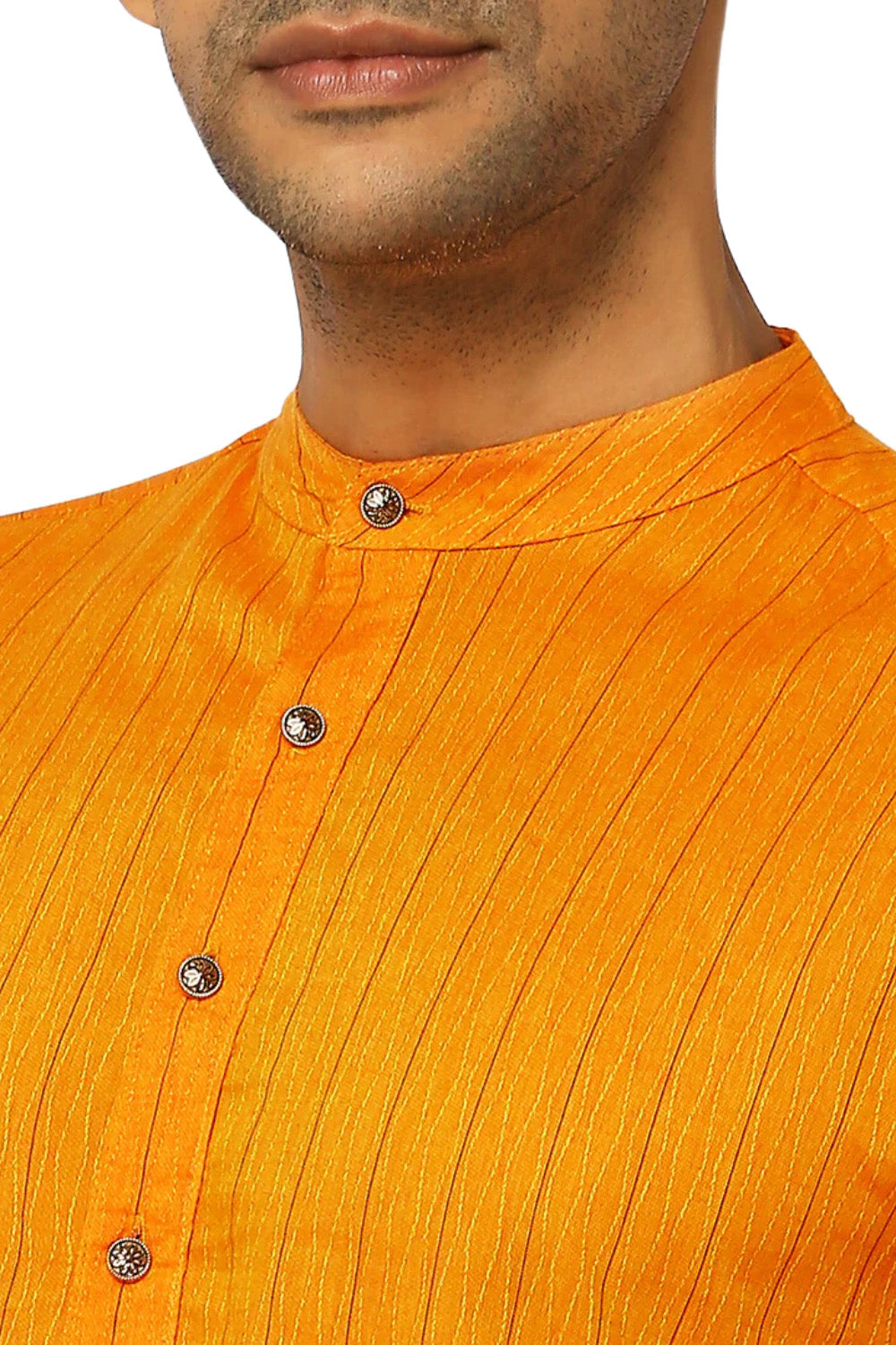 Men's mustard pin-stripe cotton knee-length kurta, back view.