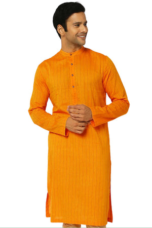 Men's mustard pin-stripe cotton knee-length kurta, front view.
