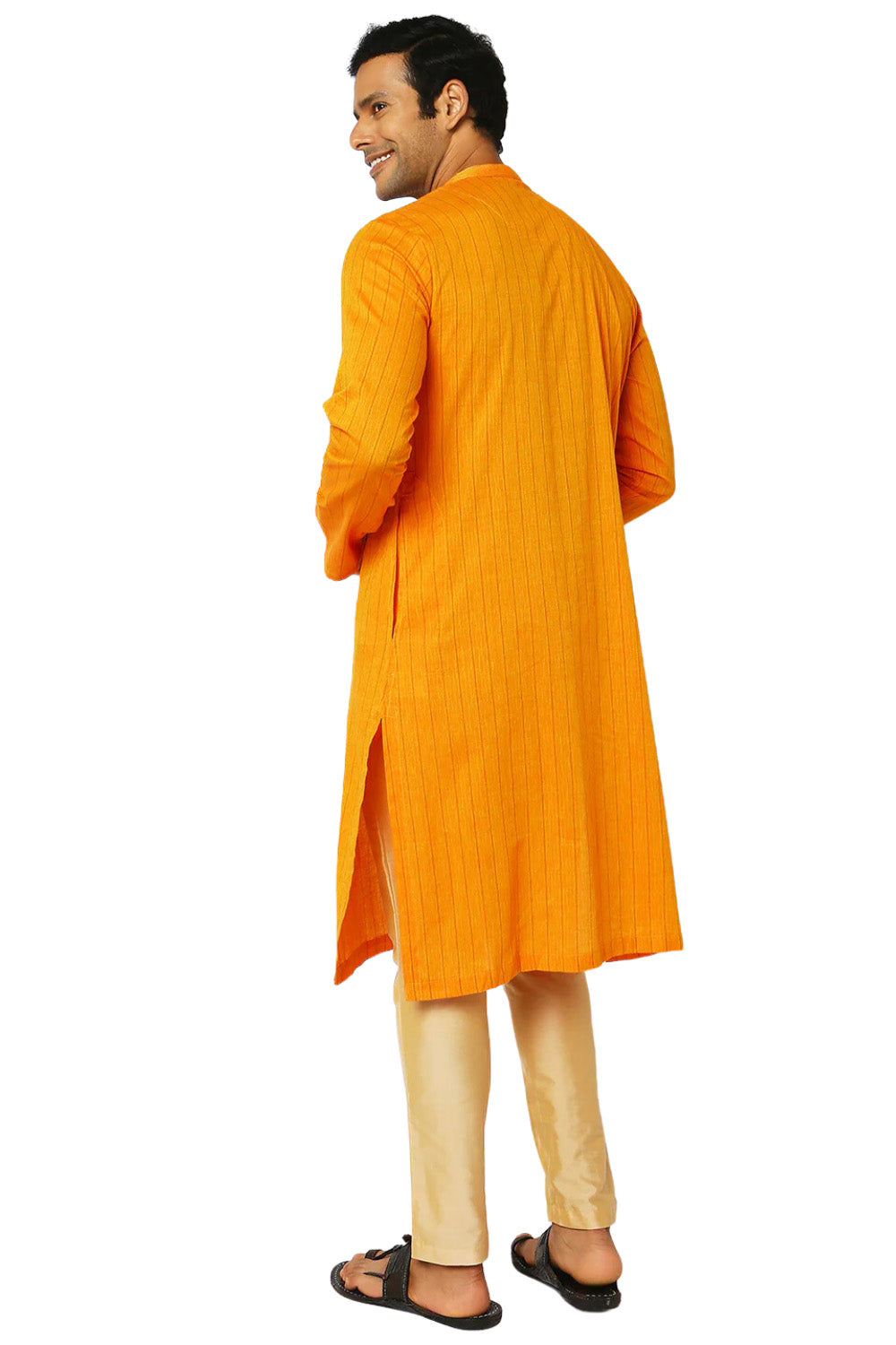 Men's mustard pin-stripe cotton knee-length kurta, side view.