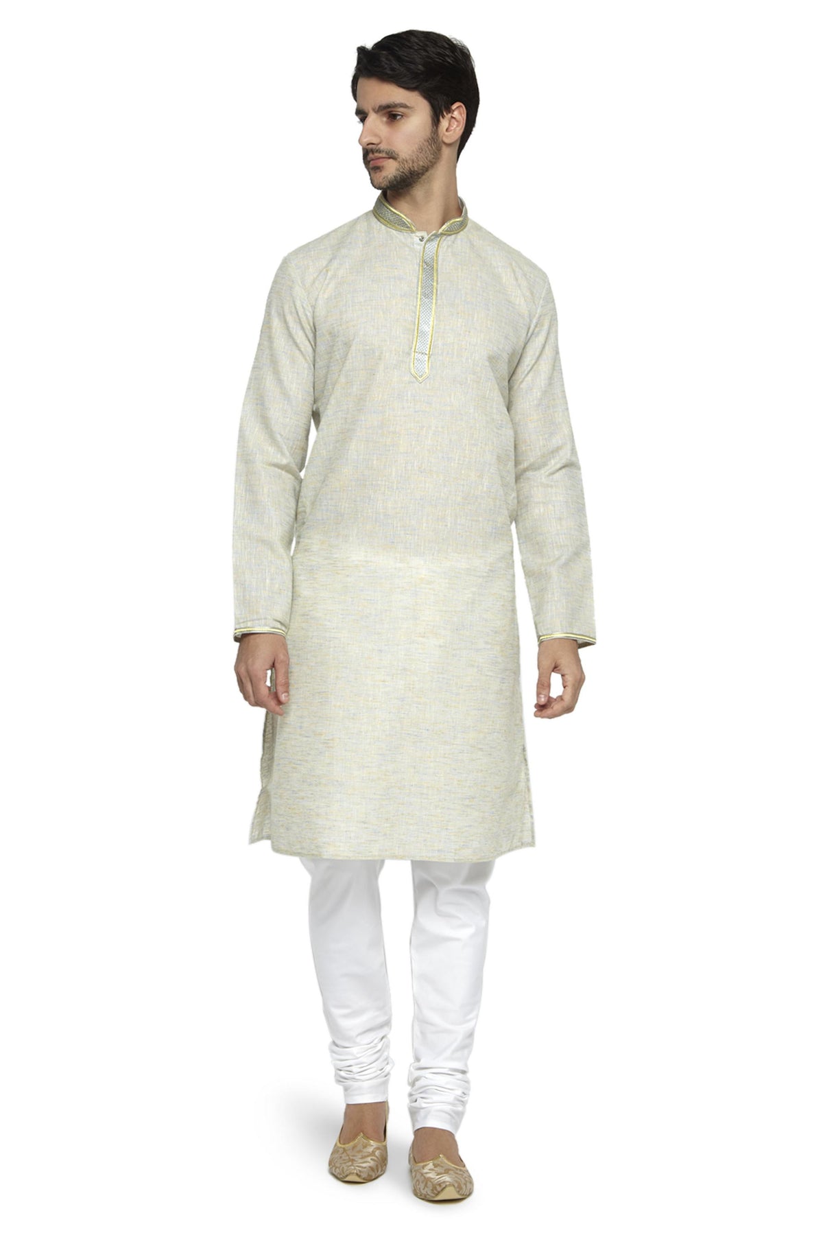 Men's natural hand-embroidered knee-length kurta, alternate front view.
