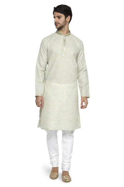 Men's natural hand-embroidered knee-length kurta, alternate front view.