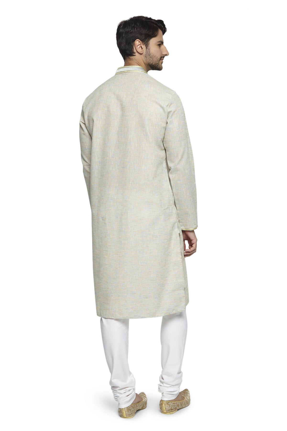 Men's natural hand-embroidered knee-length kurta, alternate side view.