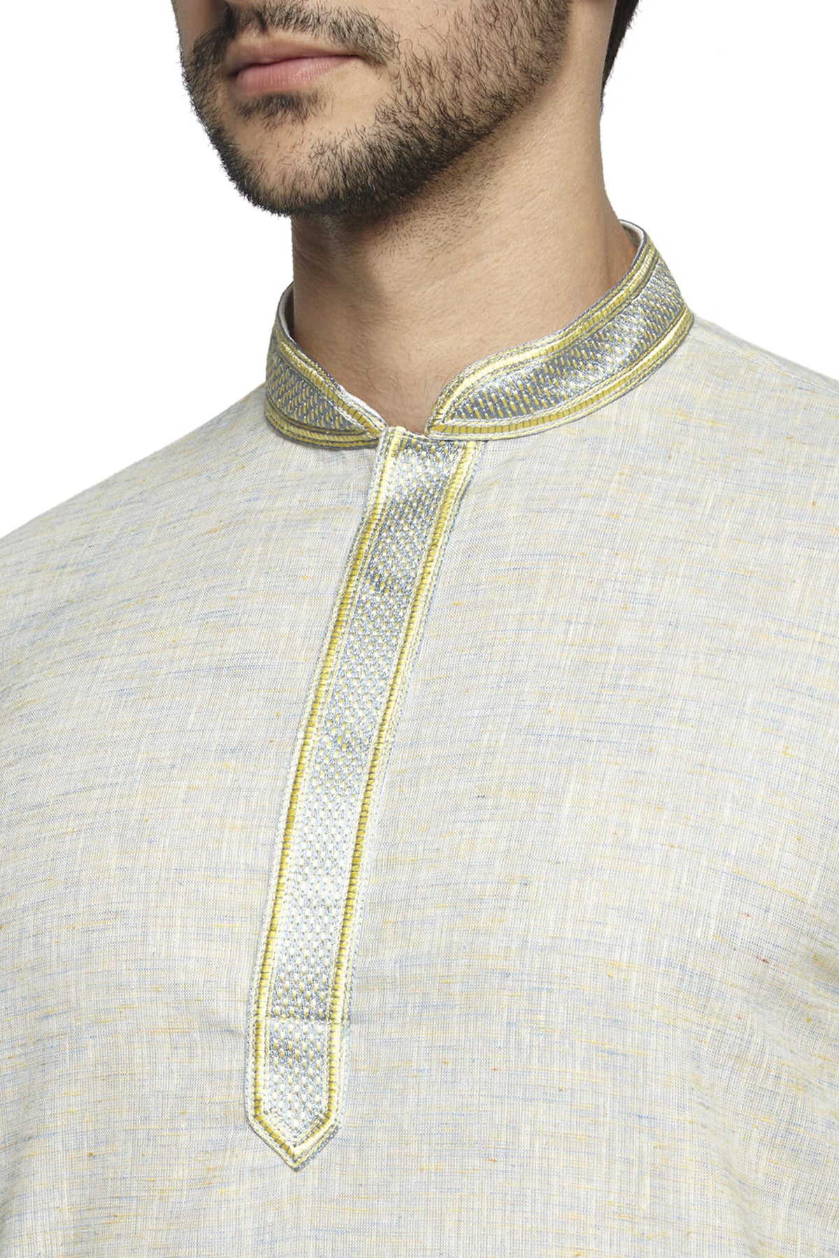 Men's natural hand-embroidered knee-length kurta, back view.