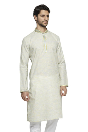 Men's natural hand-embroidered knee-length kurta, front view.