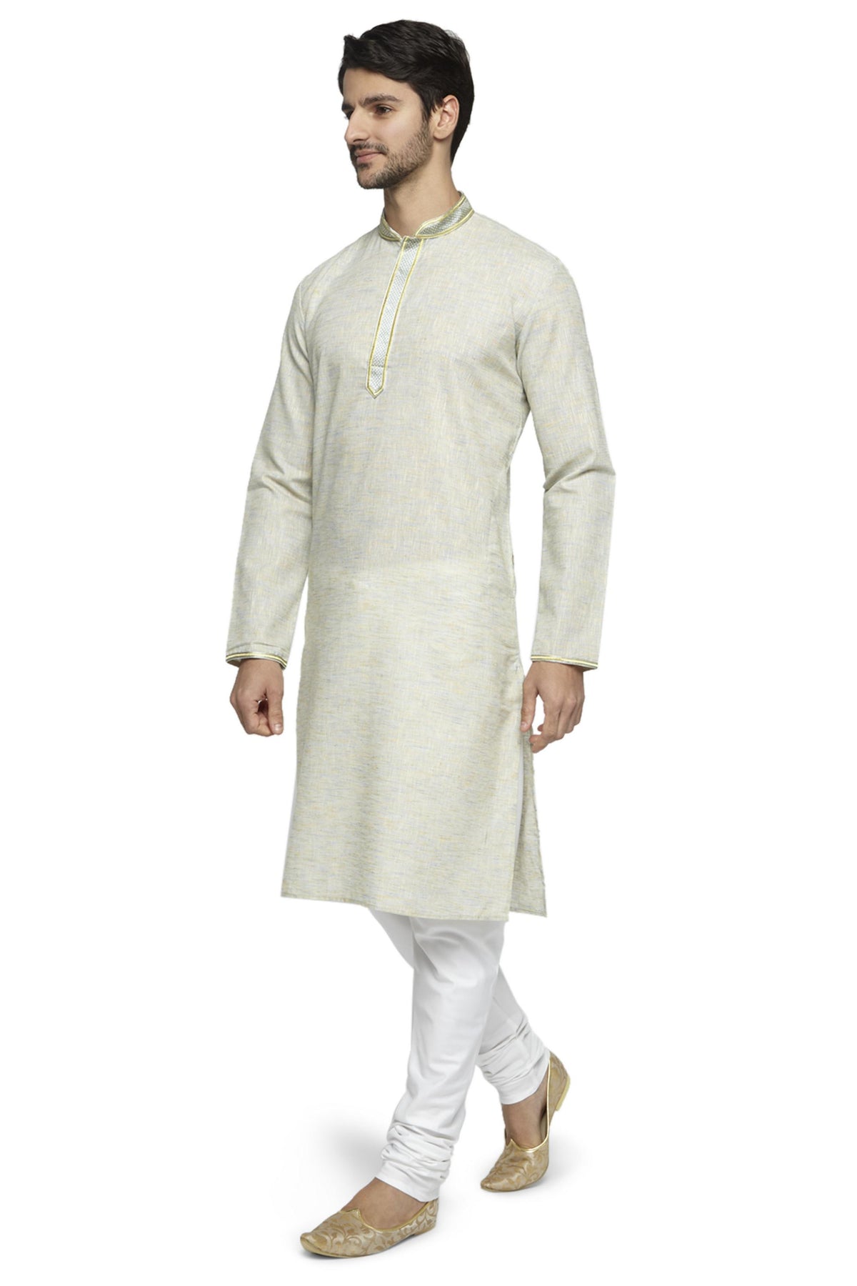 Men's natural hand-embroidered knee-length kurta, side view.