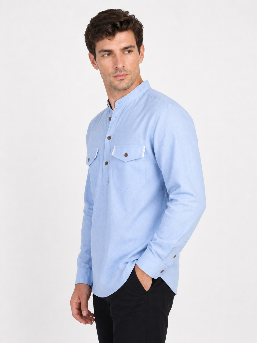 Back view of In-Sattva men's natural linen double-breasted hip-length kurta tunic