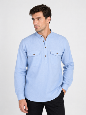 Front view of In-Sattva men's natural linen double-breasted hip-length kurta tunic