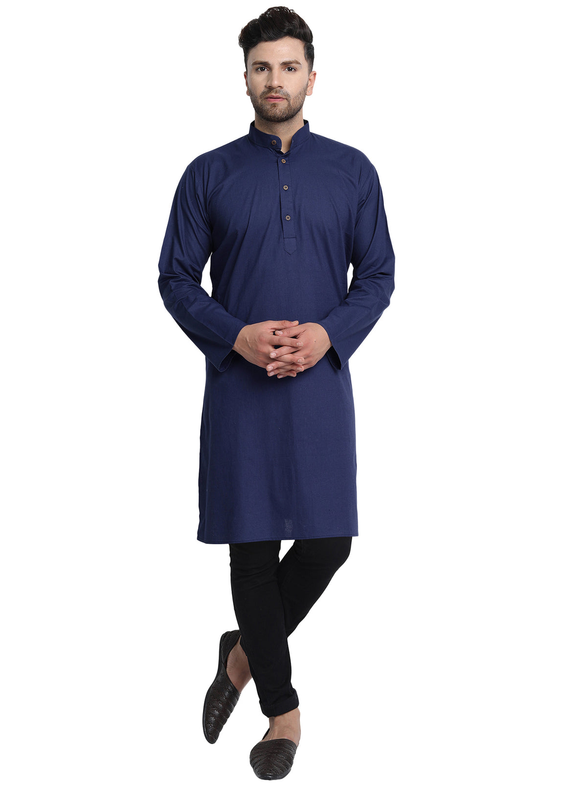 Men's navy blue cotton band collar knee-length kurta, alternate front view.
