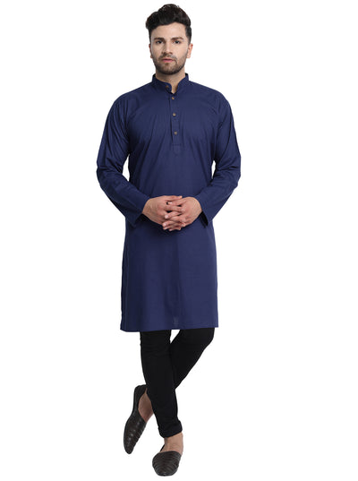 Men's navy blue cotton band collar knee-length kurta, alternate front view.