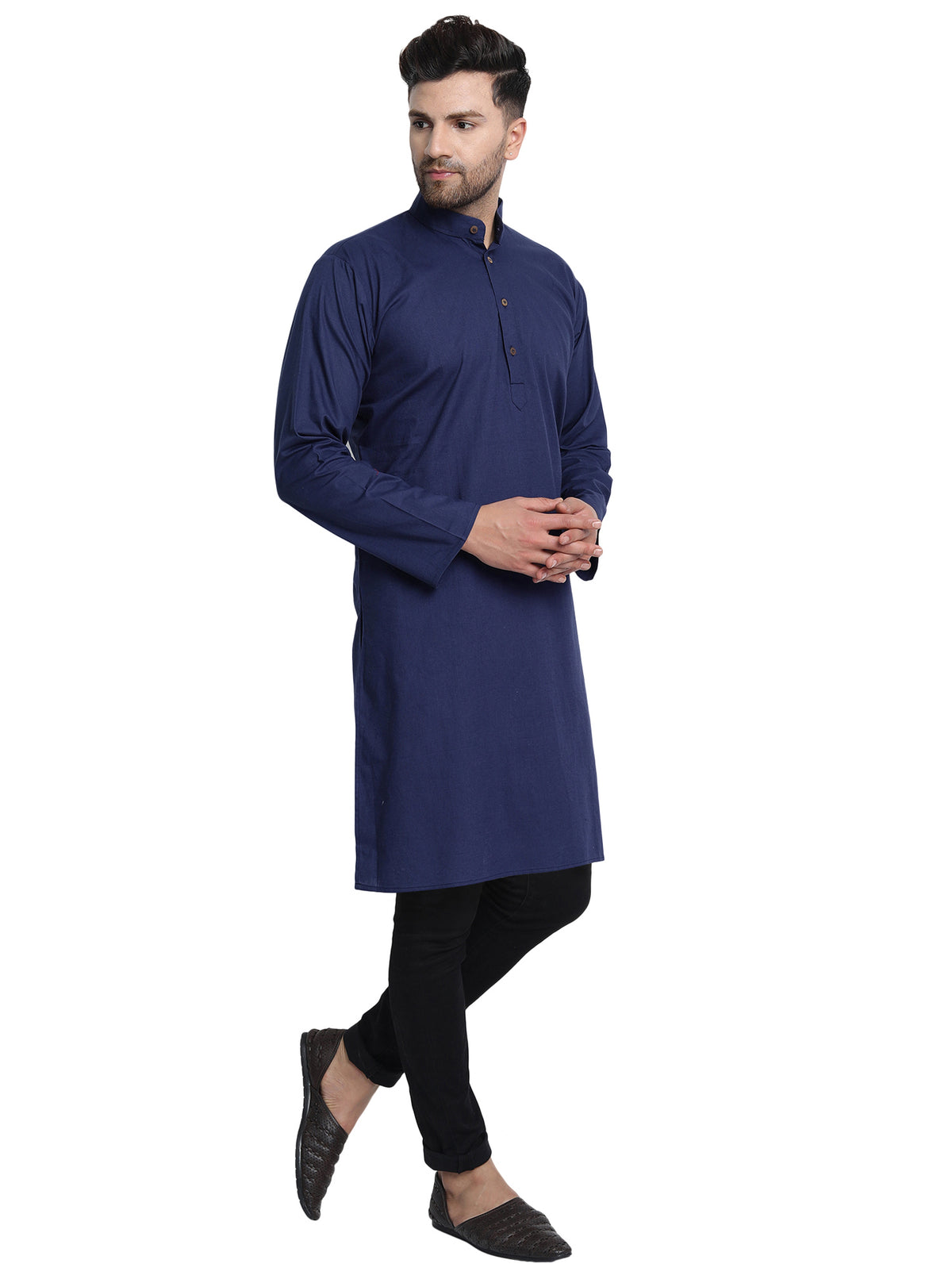 Men's navy blue cotton band collar knee-length kurta, alternate side view.
