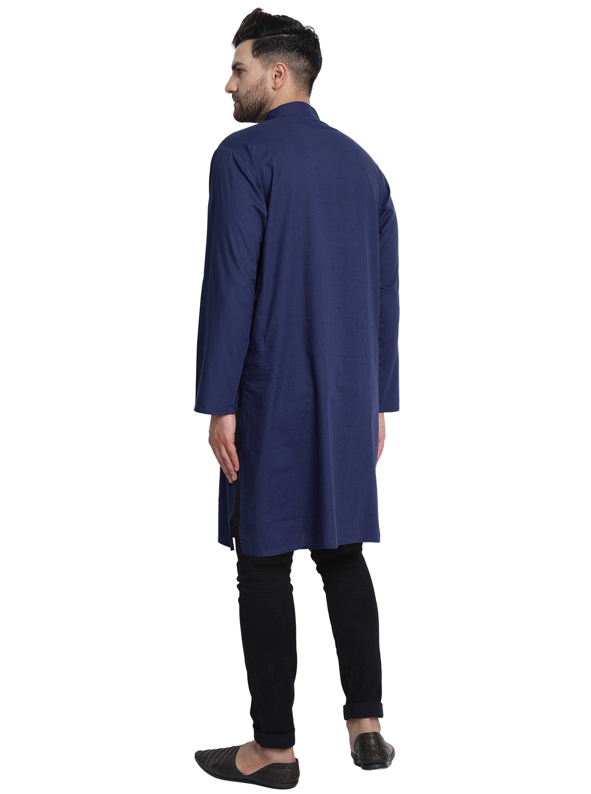 Men's navy blue cotton band collar knee-length kurta, back view.