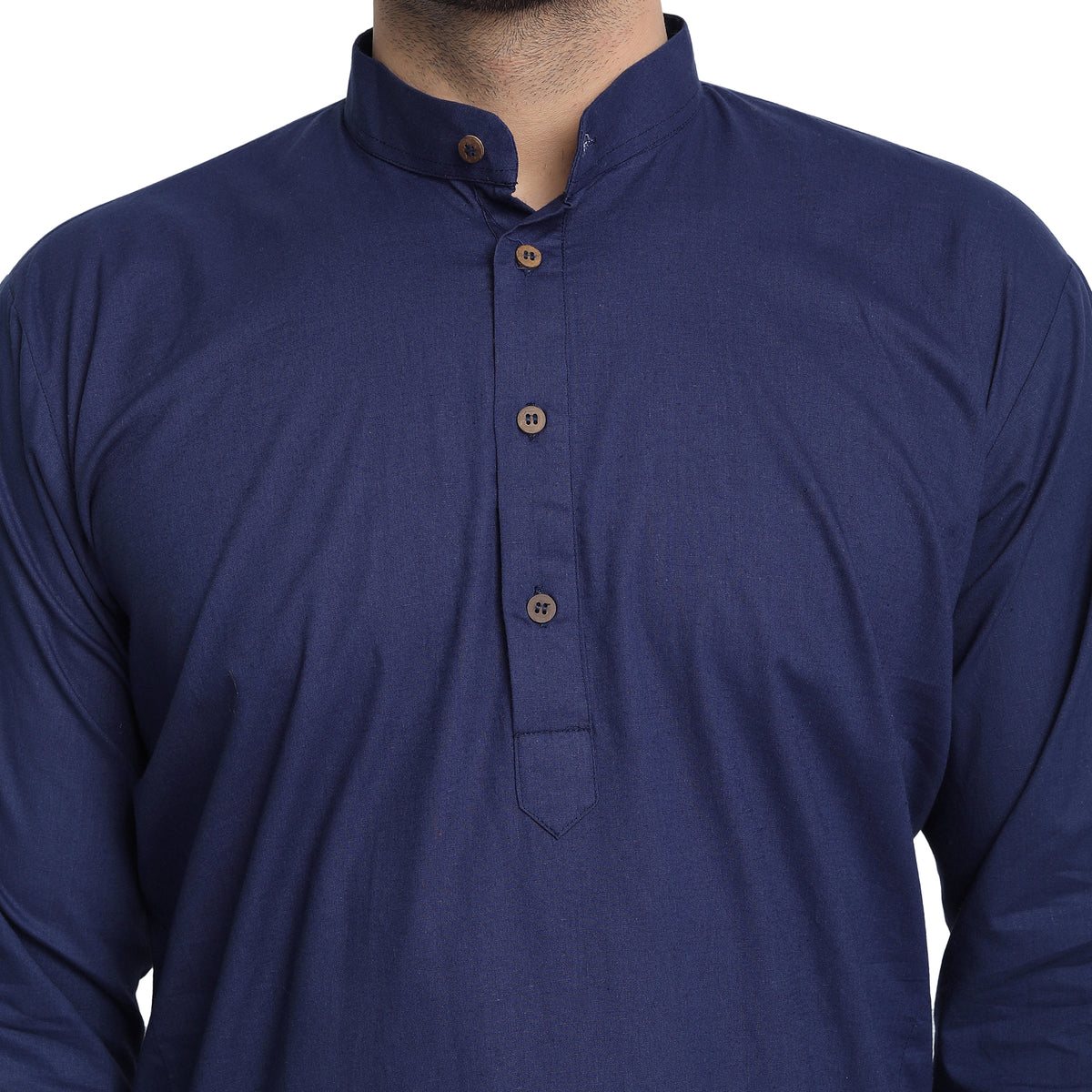 Men's navy blue cotton band collar knee-length kurta, close-up detail.