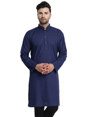 Men's navy blue cotton band collar knee-length kurta, front view.