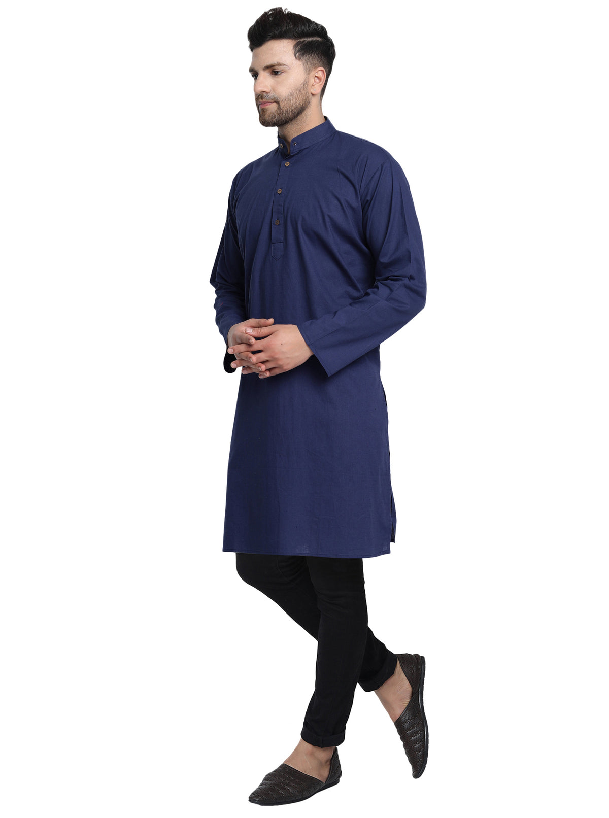 Men's navy blue cotton band collar knee-length kurta, side view.
