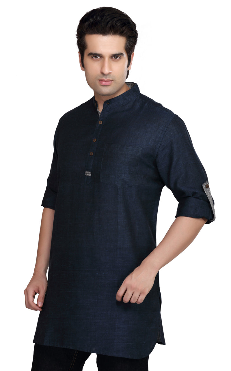 Men's navy blue cotton blend band collar knee-length kurta, alternate front view.