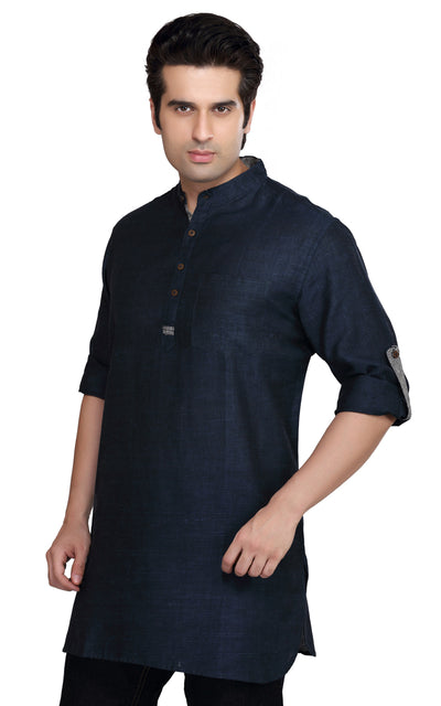 Men's navy blue cotton blend band collar knee-length kurta, alternate front view.