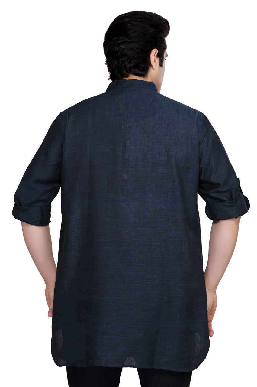 Men's navy blue cotton blend band collar knee-length kurta, alternate side view.