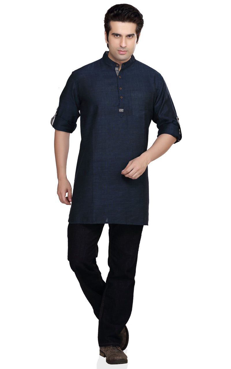 Men's navy blue cotton blend band collar knee-length kurta, back view.