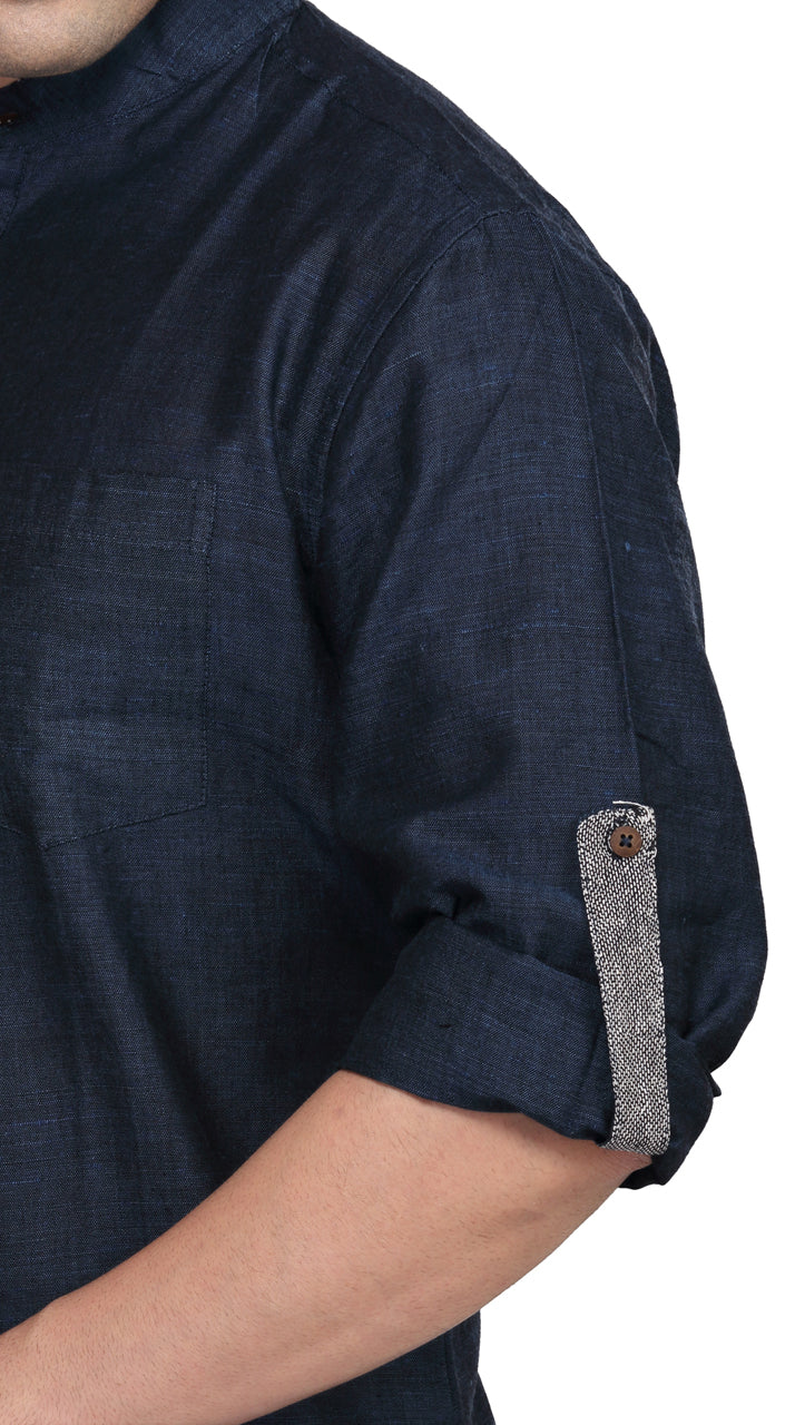 Men's navy blue cotton blend band collar knee-length kurta, close-up detail.